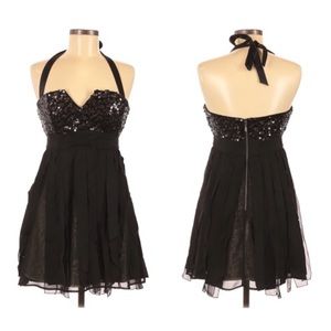 BEBE Sequin Halter CARWASH Fringed LBD Little Black MINI Cocktail DRESS S